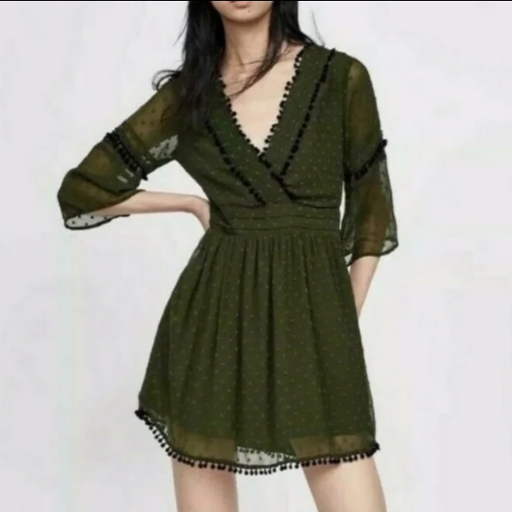 Zara Olive Green Chiffon Mini Dress with Swiss dots and Black Pom-Pom Details